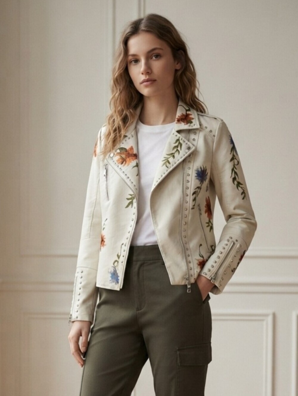 Women's Floral Embroidered Studded Accents Cream Moto PU Leather Jacket Sz Large